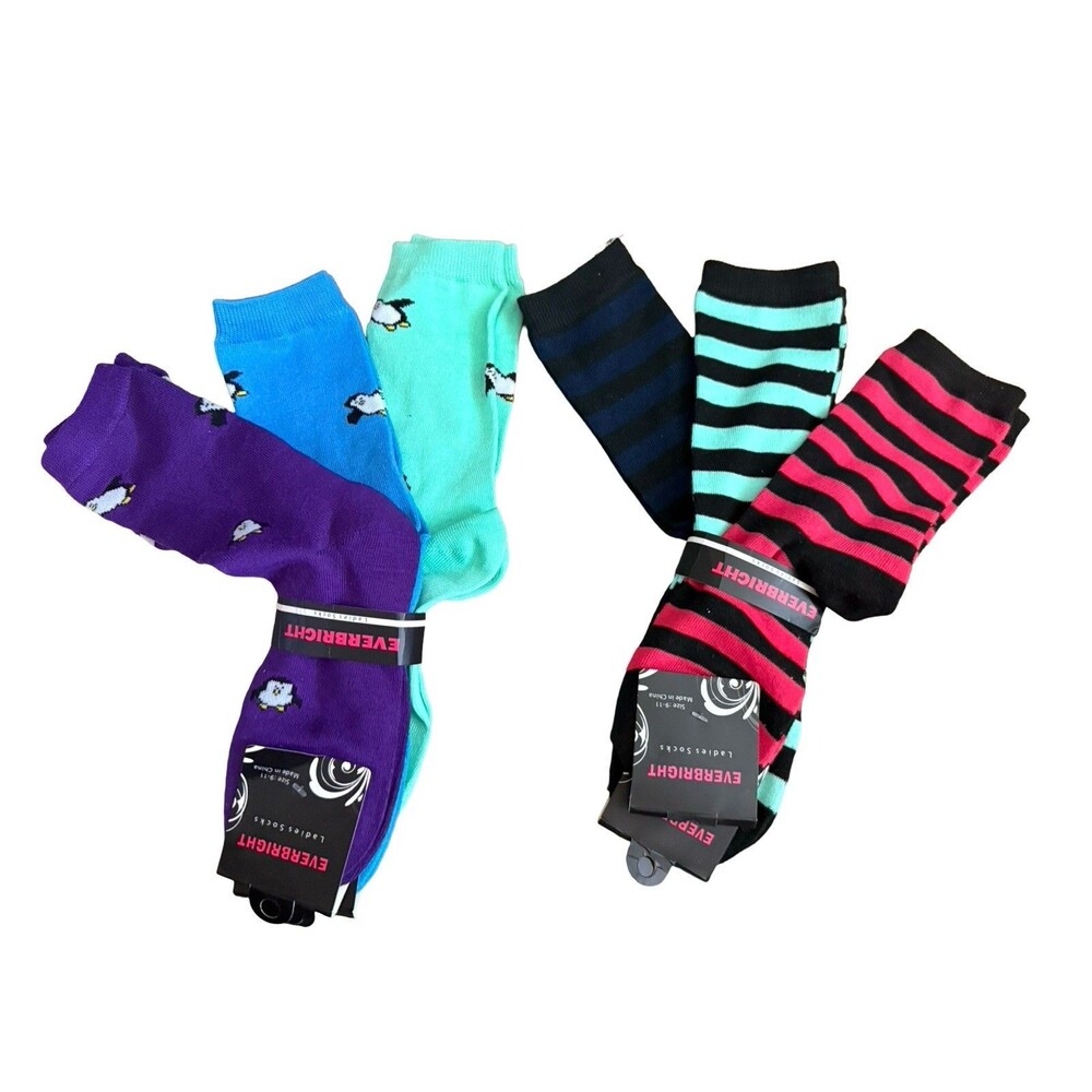 Everbright Ladies Socks 6 Pairs Colorful Striped Penguin Crew Womens New